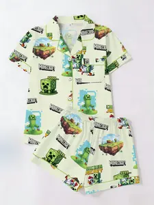 Trendy Minecraft-Inspired Sleepwear Set, Short Sleeve & Shorts Two-Piece, Casual All-Season Wear, Women's Home Comfort