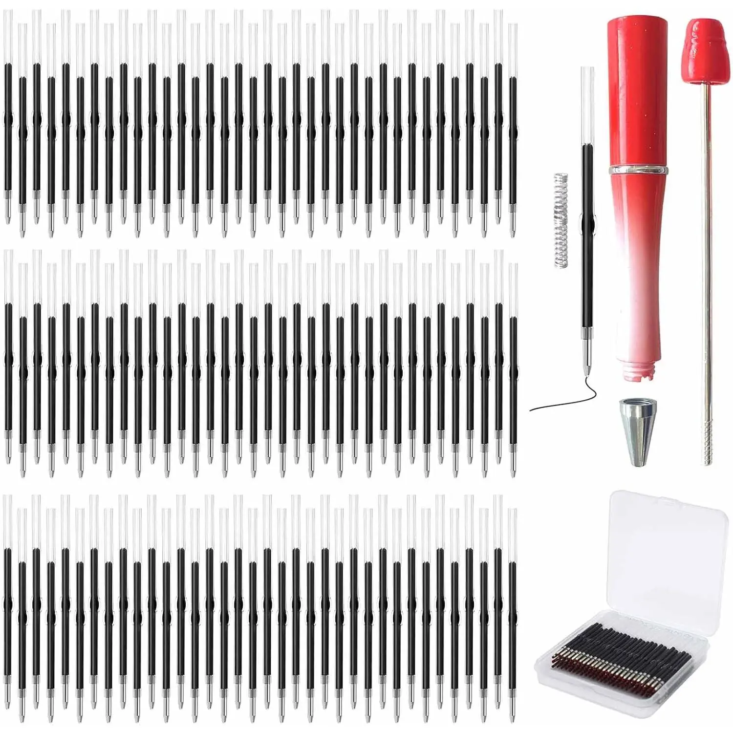 100 Pack Beadable Pens Refills Bulk - Black Ink Ballpoint Pen Refill, Smooth Writing Ink Refills for DIY Pen Making, Beaded Pens Supplies with Storage Box for DIY Lovers, Teachers