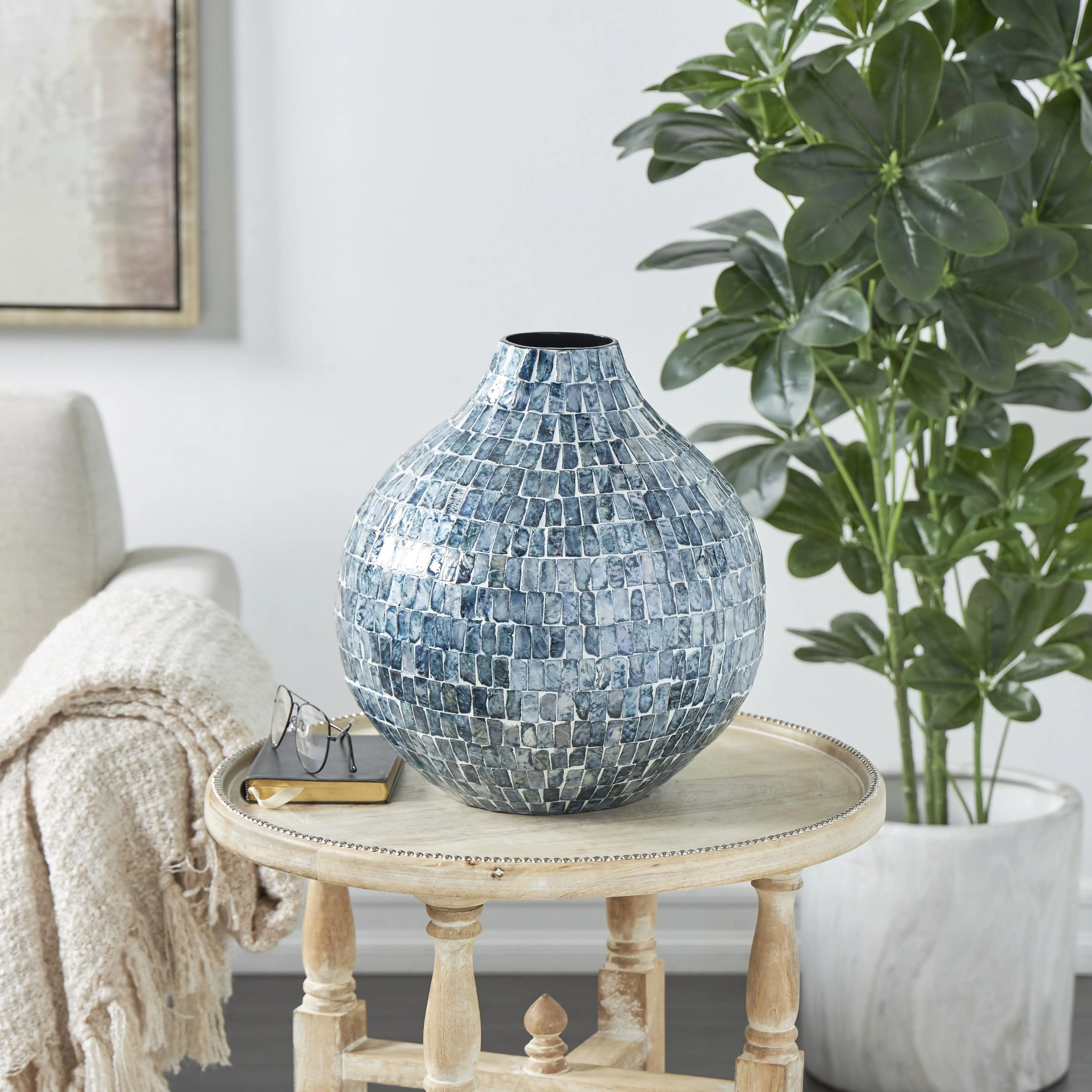 Handmade Blue Mother of Pearl Shell Mosaic Decorative Vase - 13in x 13in x 14in, Table Centerpiece, Flower Vase, Home Decor Accent