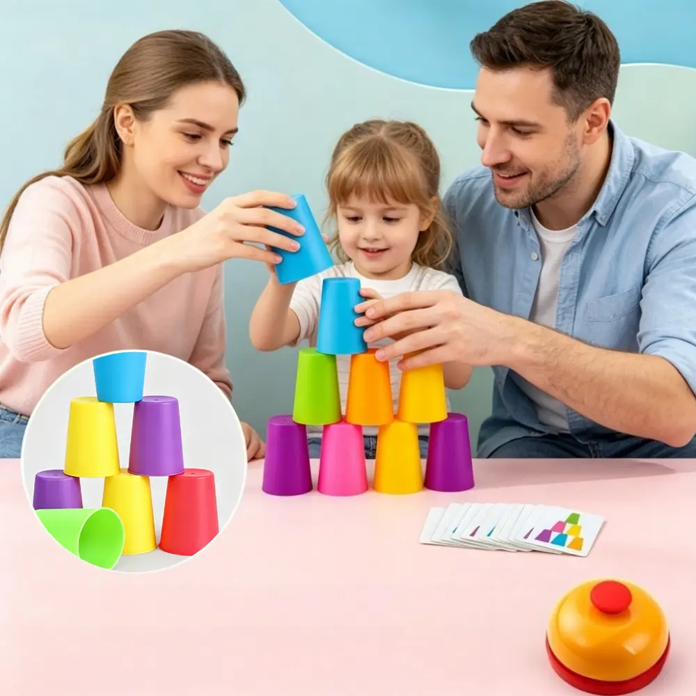 Single/Double Racing Stacking Cup Game Set, Colorful Stacking Cup Toys with Challenge Cards, Answering Bells, Brain Training, Fine Motor Skill Exercise for Family Parties
