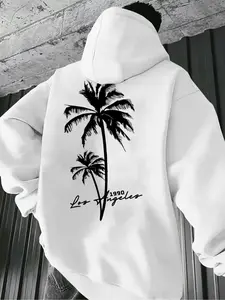 Men's Casual Solid Color Hoodie, Drawstring Pocket Long Sleeve Pullover, Letter Print Streetwear for Fall & Winter