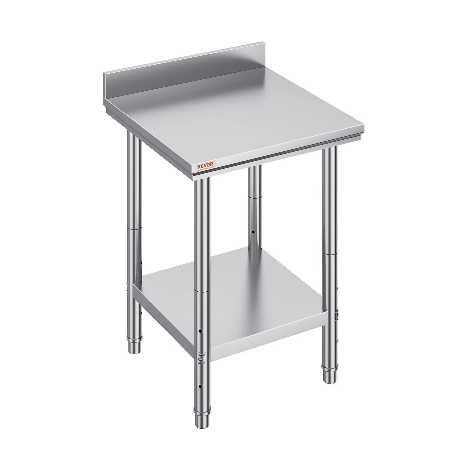 VEVOR 24 x 24 x 35 in 3-Layer Sturdy Square Smooth Stainless Steel Kitchen Work Table with Shelf & High Rear Backsplash, Heavy-Duty Commercial Food Prep Table for Commercial Kitchens, Adjustable Height Home Fixture
