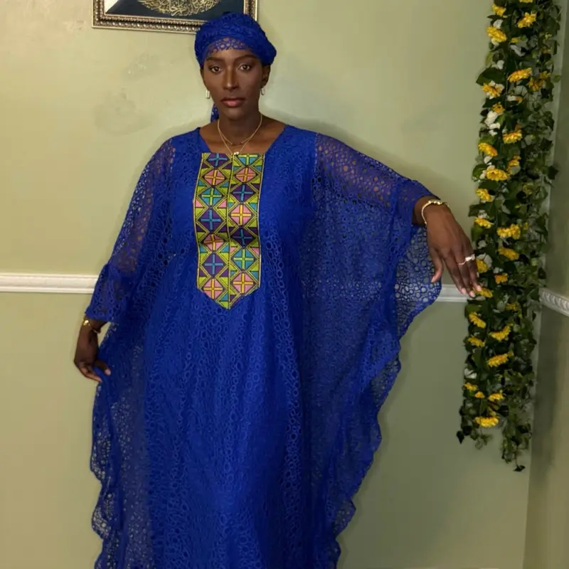 Royal Safiya Senegalese Boubou Dress, Embroidery Detail, Long-Sleeve, Colorful Fabric, Matching Design