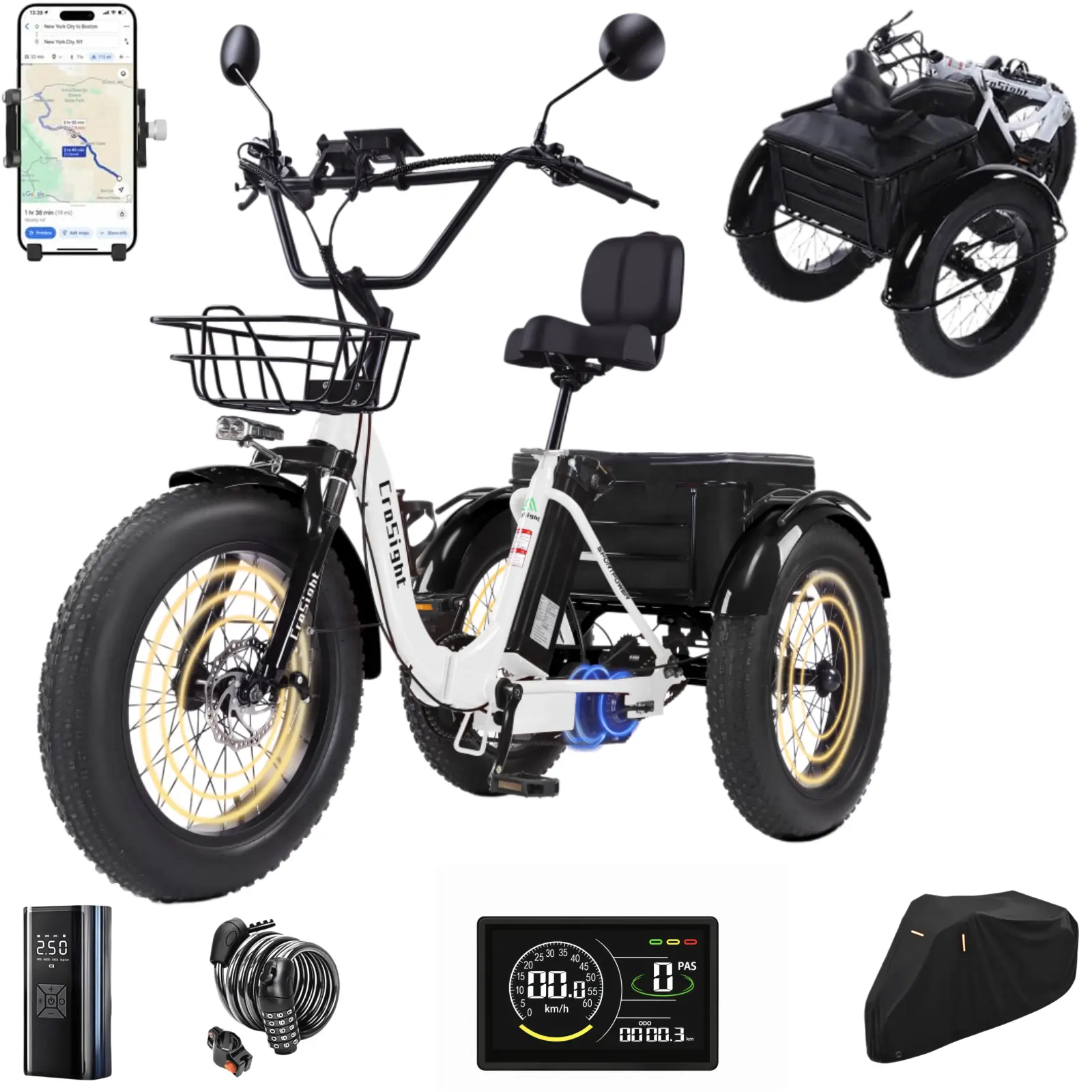 CroSight 3.0 Pro 85% Pre-Assembled Folding Electric Trike for Adults, Rear-Wheel Drive, Differential for Stability, Wide Comfort Seat, 20x4 Fat Tires, Peak 1700W 48V 20Ah Removable Battery, UL 2849