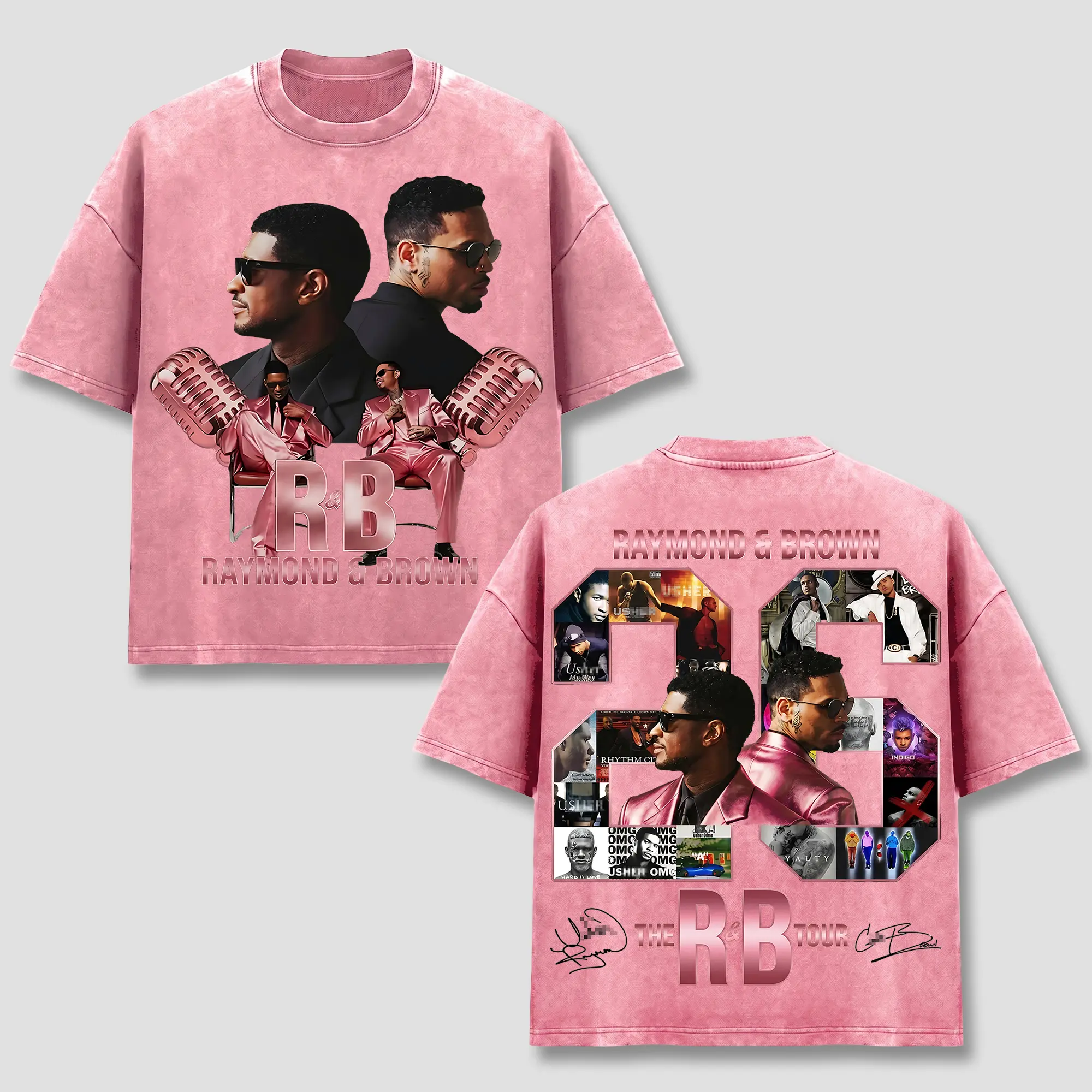 Brown Raymond T-Shirt Pink, "Breezy" Raymond & Brown Tee, The R&B Tour 2026 Clothing, Pink Metallic Microphone Top, Retro 90s Block Number 26 Merch, Vintage Acid Washed Apparel, Team Breezy Hip Hop Fan Gift, United States Unisex Oversized Black Wear