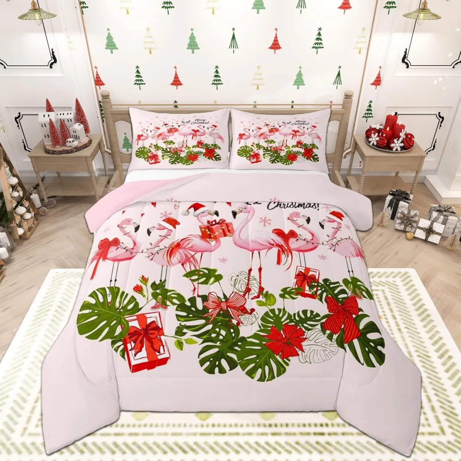 Merry Christmas Comforter Set,Pink Flamingo Cartoon Bird Animal Bedding Set Men,Winter Snowflake Green Leaves Quilted Duvet Set