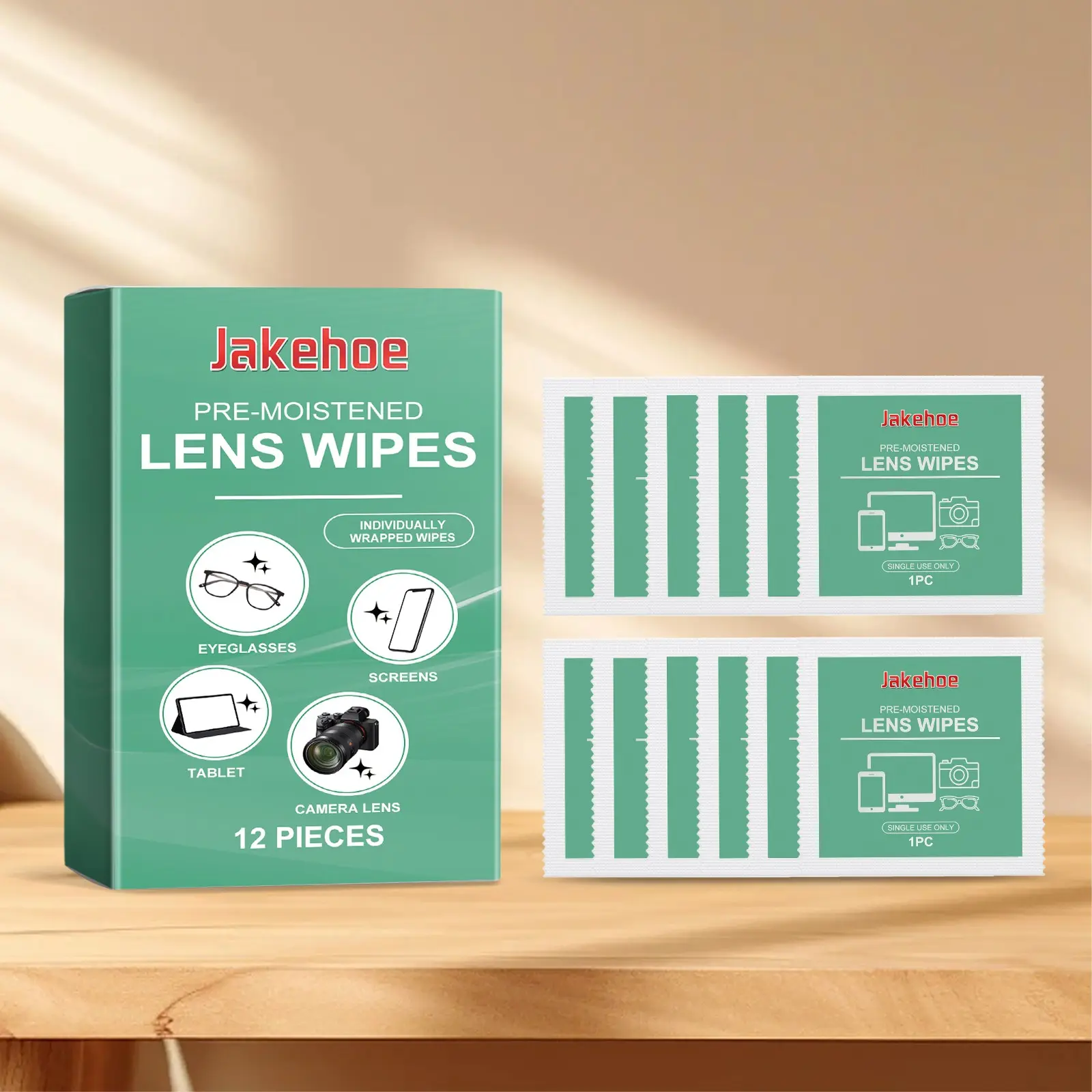 Jakehoe Lens Cleaning Wipes, Camera Cleaner, Eyeglass Screen Cloth Individually Packaged, Portable Clean Wipes, Essential for On-The-Go Use