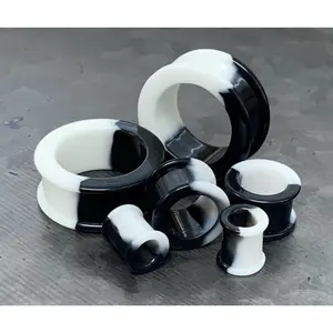 PAIR of Striking Half Black & White Silicone Double Flare Tunnel/Plugs - - Gauges 2g (6.5mm) up to 2" (50mm)