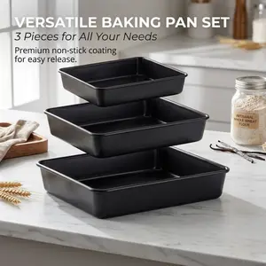 Three-piece carbon steel square baking tray set, non-stick stackable baking trays, suitable for cakes, brownies, and home baking.