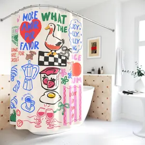 Hand Drawn Doodle Shower Curtain Brunch Shower Curtain Unique Bathroom Decor Housewarming Coffee Pastry Breakfast Goose Egg Strawberry Peach