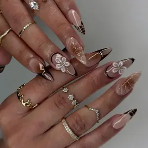 S161 Nude Marble Press-On Nails, Long Stiletto Tips, 3D Glossy Floral & Gold Accent, Elegant Brown Tones, Custom Handmade, Solana Nails Town