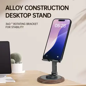 360 Degree Rotating Metal Phone Stand - Compact And Portable, Wood Textured Foldable Desktop Stand, Suitable For All Smartphones And Tablets, Ideal Office Accessory, Children's Online Course Phone Stand Base, Compact And Portable