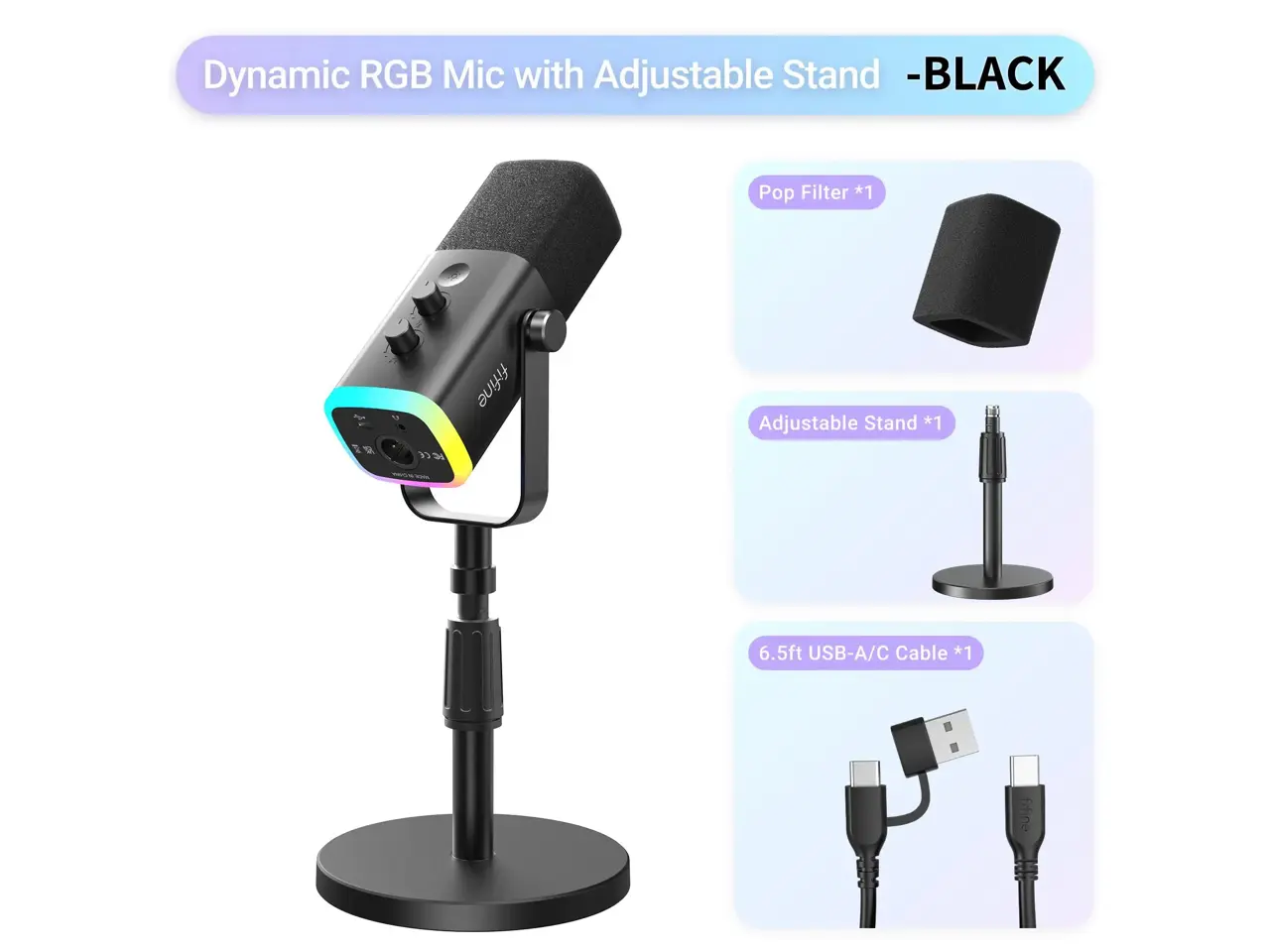 FIFINE AM8S Gaming Microphone with Adjustable Stand, Height Adjustable Heavy-Duty Metal Stand, RGB Dynamic Mic with Quick Mute, Gain Volume Control, Headphone Jack