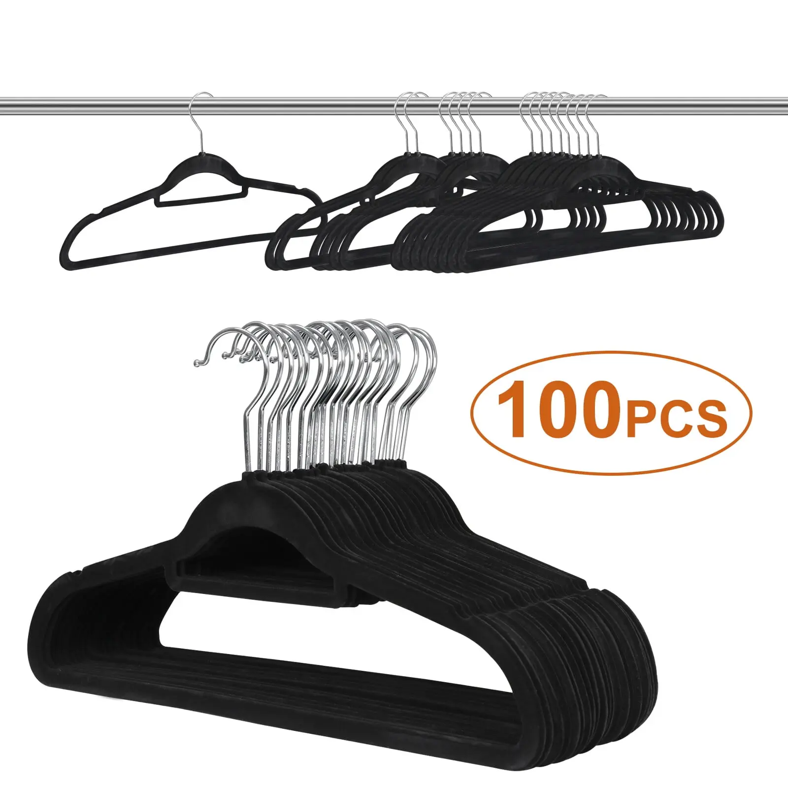 ZENY 100-Pack Black Shiny Velvet Plastic Clothes Hangers, Non-Slip Slim Space-Saver, 360-Swivel Hooks, Soft-Texture Accessory Hangers with ABS Construction for Closet Hanging, Eco-Friendly Home Organizer