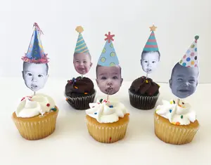 Custom Birthday Hat Face Photo Cupcake Toppers –  Dog Party Decor