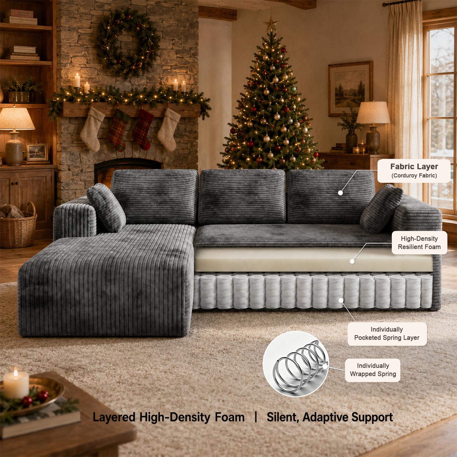DIGWAC 106" L-Shape Modular Sectional Couch with 49" Chaise Lounge, Upgraded Independent Pocket Spring Base, Soft Corduroy Sofas Upholstery, Memory Foam Padding, Multi-Position Recliner, 6 Colors for Living Room Furniture, L Shape Couch, Couch For Living