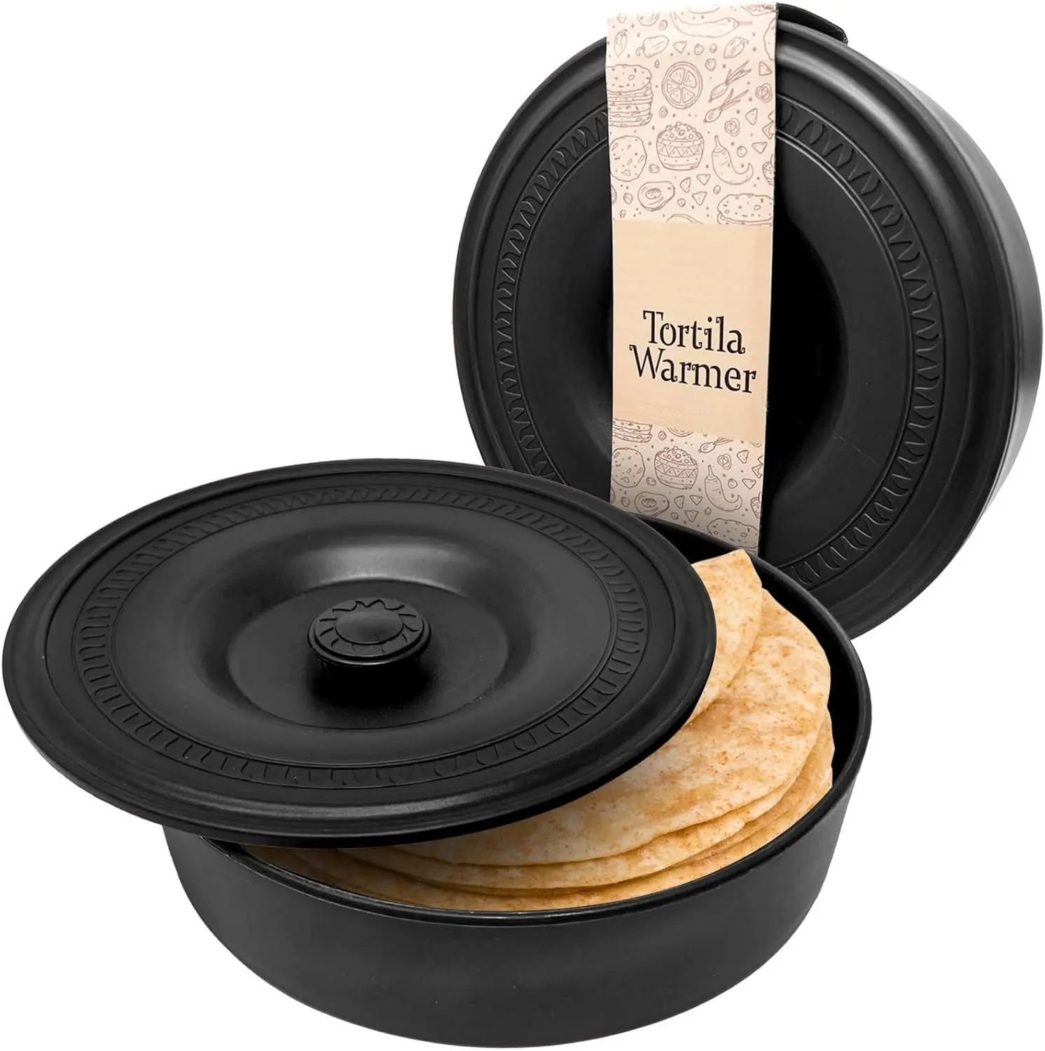 Tortilla Warmer Insulated Container with Lid (8.5" x 2.5"-Inch),  Microwave & Dishwasher Safe Tortilla Holder Server Box For Tortilla, Flour Taco, Chapati, Flat Breads (1 Pack - Black)