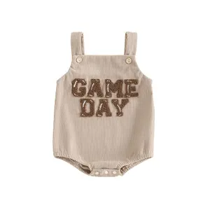 Football Baby Boy Girl Outfit Embroidery Football Romper Overalls Sleeveless Corduroy Bodysuit Game Day Outfit