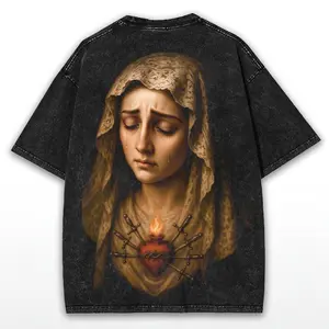 Sacred Heart Oversized Vintage Washed Tee Virgin Mary of Sorrows Graphic Back Art Spiritual Streetwear Drop Cotton Menswear