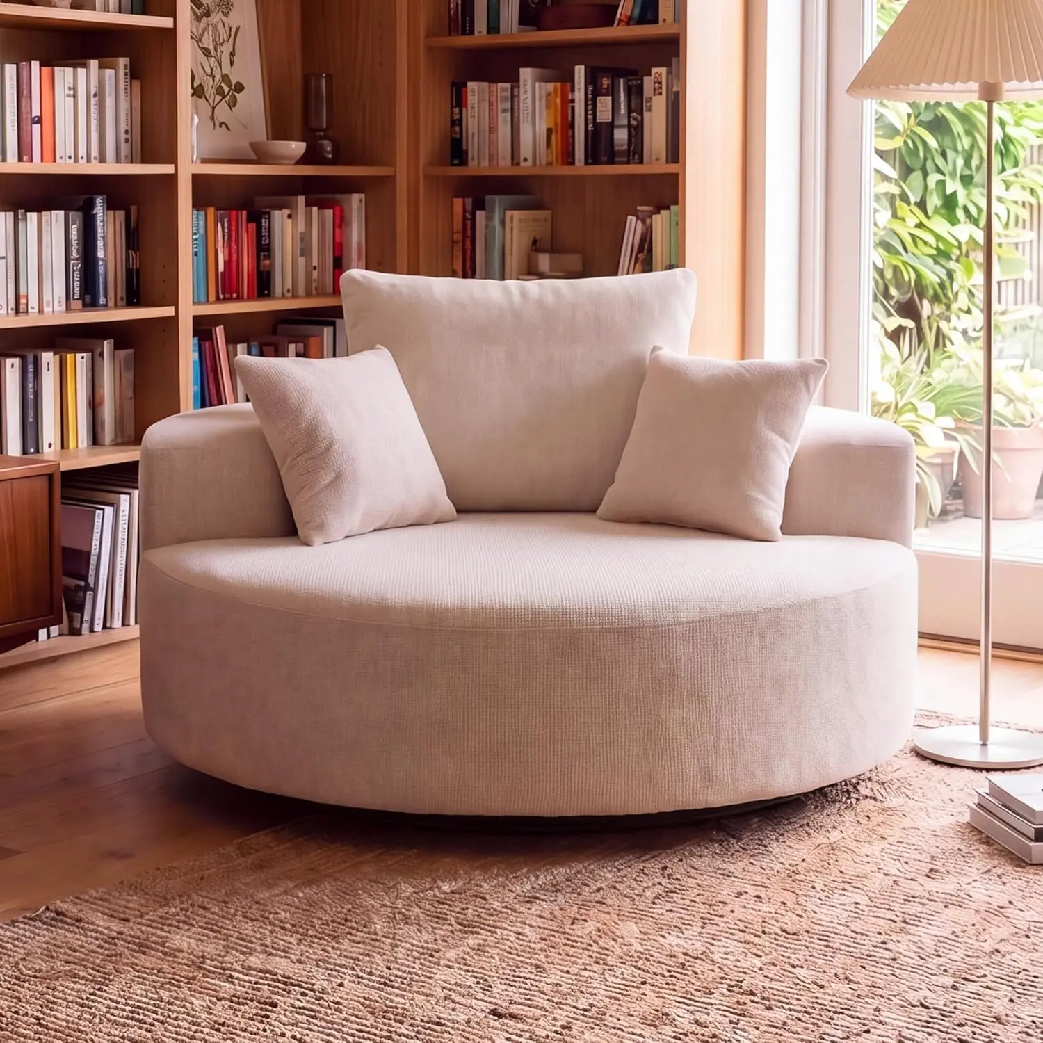 55" Oversized Round Swivel Chair, 360° Rotating Chenille Cotton Blend Chair, High-Density Foam Cushion, Comfy Modern Accent Chair for Living Room, Bedroom, Reading Nook, Apartment & Office,Beige
