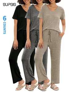 Women's Solid Round Neck Tee & Pants Loungewear 2/6-Piece Set, Casual Pyjama Set for Women, Comfy Loungewear Set for Daily Home Wear