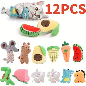 Set Of 12 Cat Plush Toys with Fruit - Bite-Resistant Durable Chew Toys for Indoor Cats Kittens,Interactive Kicking Toys for Playtime, Stimulates Instincts,Safe for All Breeds,Playful Animal Designs