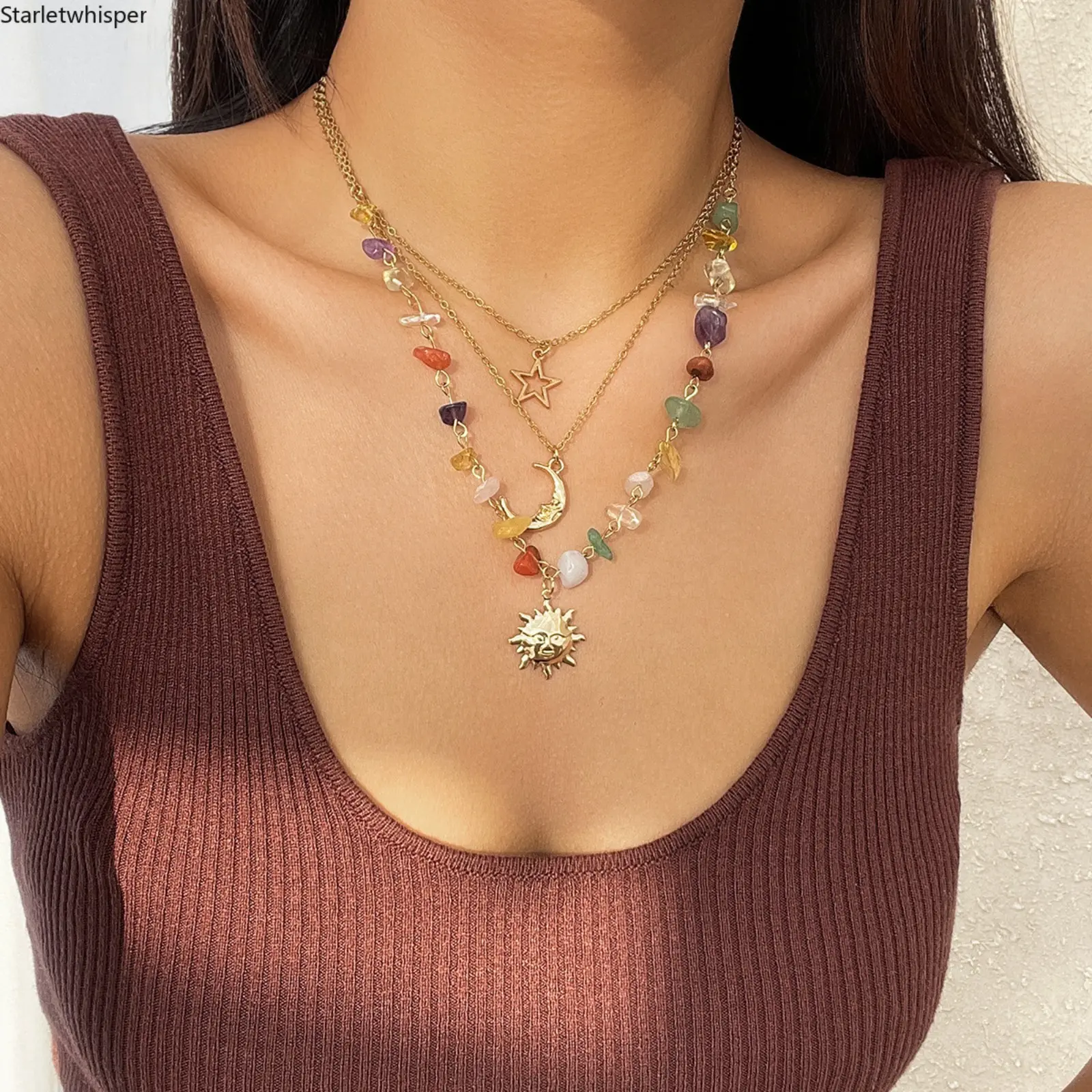 Women's Sweet-Cool Irregular Mixed Stones Necklace, Mermaidcore Mint Moon Pendant, Boho Stackable Jewelry for Summer Beach & Daily Sports-Outdoor Accessory Use