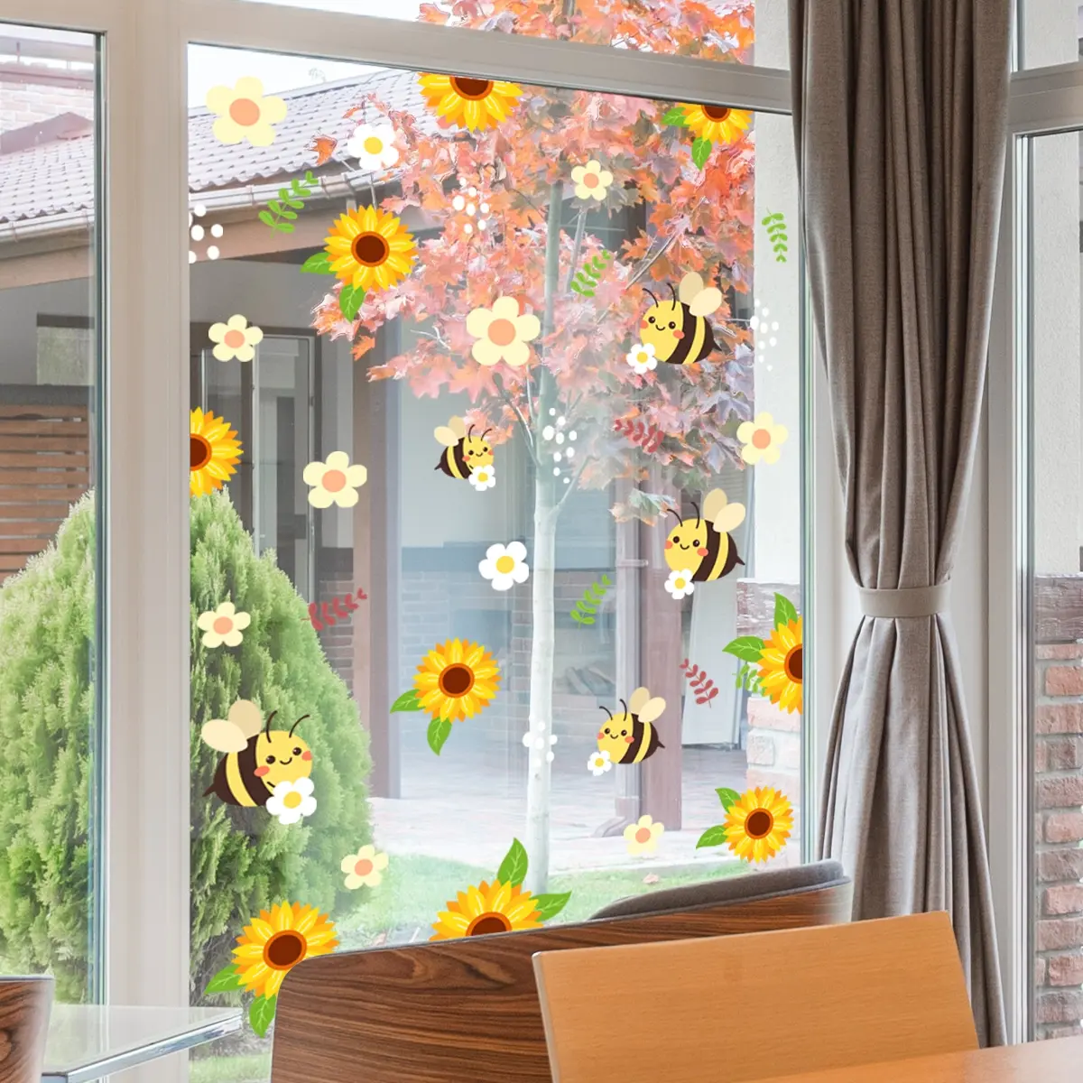 (30*60cm) sunflower and bee floral window sticker, Sunflower Stickers, Decorative Sticker, Decal Sticker, electrostatic adsorption, for window glass decoration and beautification, D13545-KN