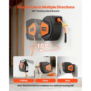 【FathersDayGift】 VEVOR Retractable Air Hose Reel, 1/4 Inch x 50 FT Hybrid Air Hose Max 300PSI, Enclosed Air-Compressor Hoses Reel Auto Rewind with 6.6 ft Lead in & Blow Gun, 180° Swivel Ceiling/Wall Mount