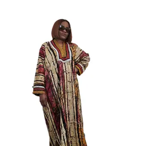Achalugo Adire Kaftan Boubou Dress.  - Elegant Handmade Crystal Beads Neckline with Colorful Striped Design