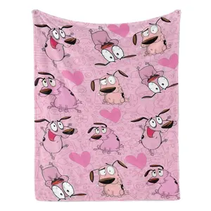 Soft Flannel Blanket, Courage the Cowardly Dog Pink Heart Print Warm Cozy Throw, Durable Plush for Home Couch Bed, Cartoon Lover Gift & Bedroom Decor Accessory