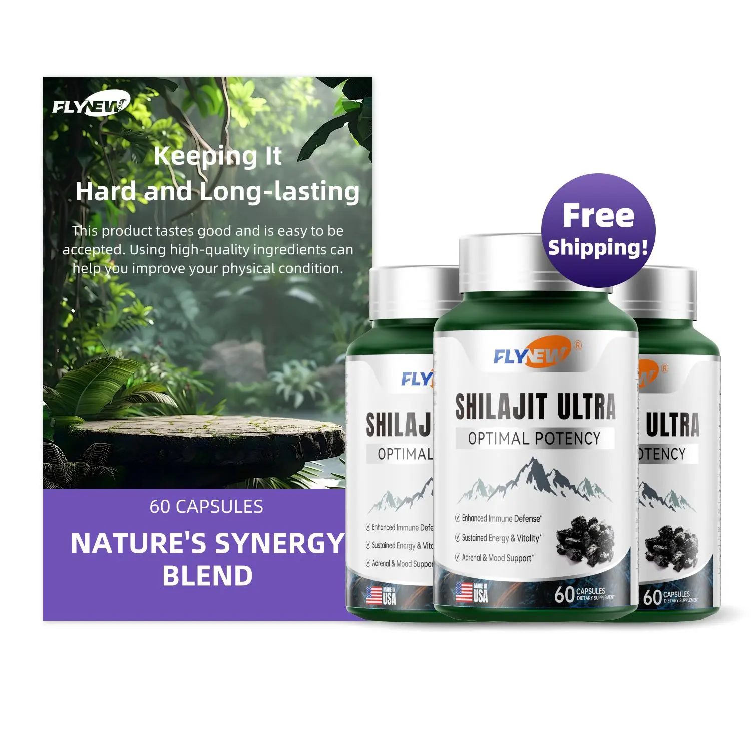 3 Bottles of FLYNEW Optimal Potency | Shilajit Ultra | Adaptogen Energy Stamina Immune Antioxidants | Made in USA | 180 Capsules