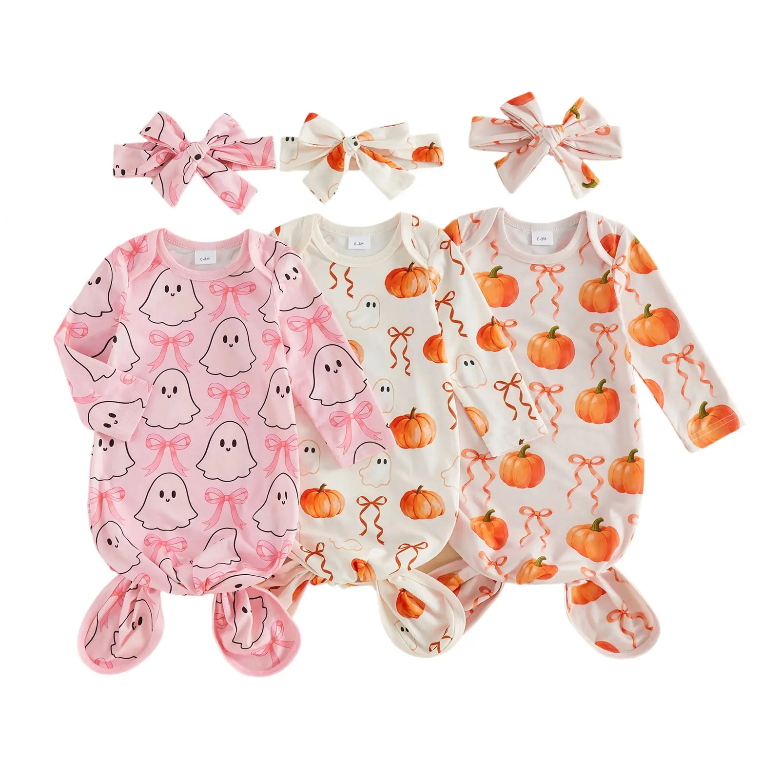 Newborn Baby Girl Halloween Sleeping Bag Set Long Sleeve Ghost Pumpkin Bow Print Swaddle with Headband Sleeping Sack Clothes