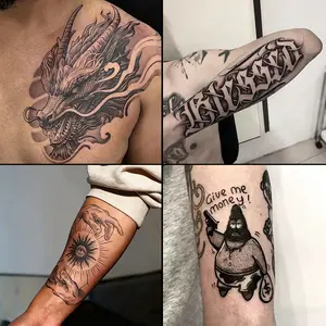 Four large herbal tattoo stickers, including designs like a dragon head, lasting 7–15 days, waterproof and resistant to friction, realistic effect, suitable for those who don’t want tattoos but are sensitive to pain.