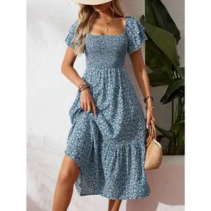 Holidaya Square Neck Ditsy Floral Casual Summer Short Sleeve Dress Maxi Vacation Beach Outfits Women