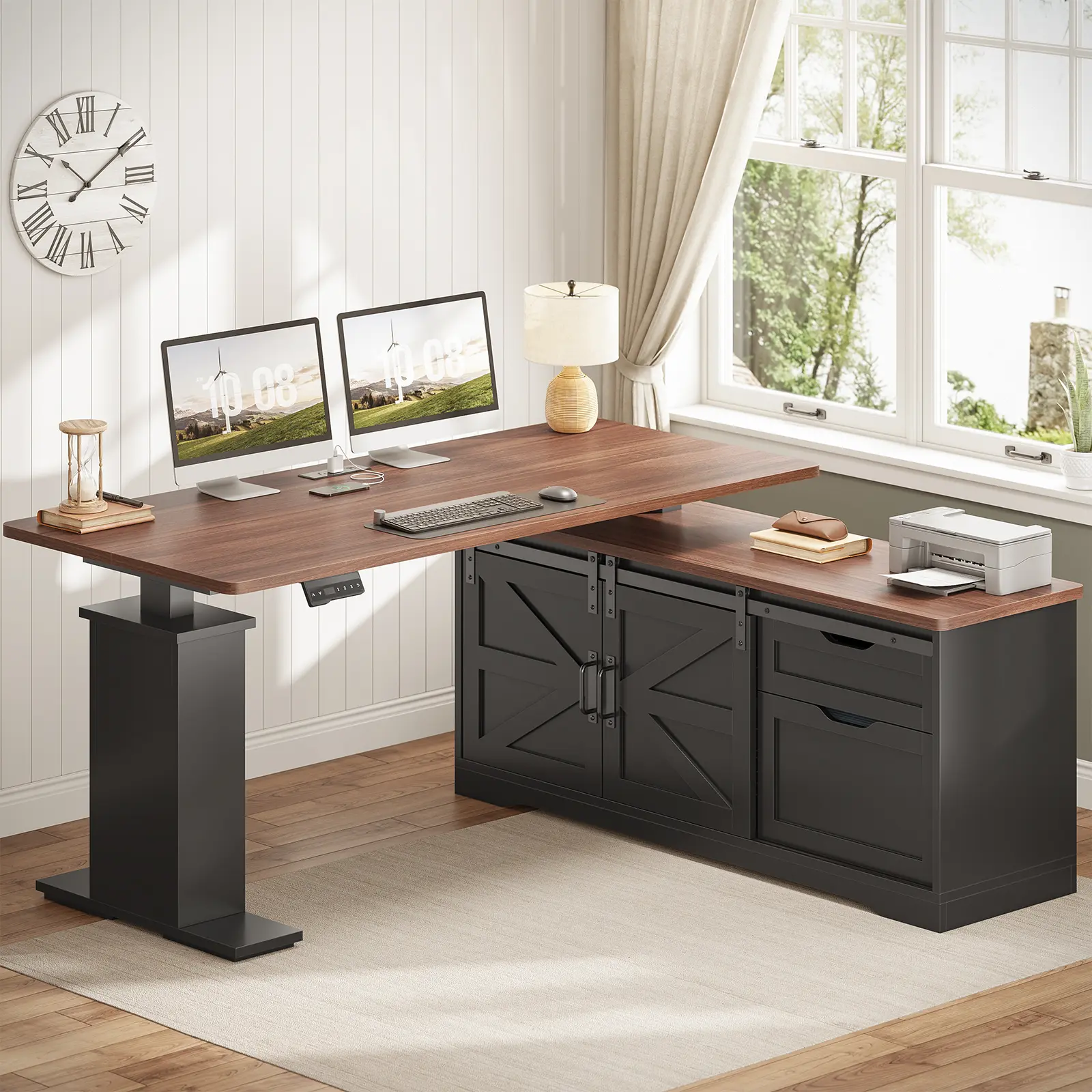 Sedeta 55 in L-Shaped Electric Auto-Adjustment Compact Modular Multi-Function Computer Office Desk - Ergonomic Commercial Furniture with Drawer, Cabinet for Modern Study Organization, Auto-Adjustment Desks, Drawers Desks