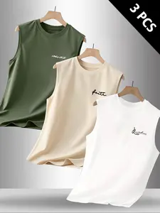 Summer Men's Casual Fitted Breathable Fabric Sleeveless T-Shirt Top with Graphic Letter Print, Outdoor Sportswear for Everyday Wear, Pack of 3