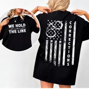 [100% Cotton] Corrections T-Shirt, We Hold The Line Graphic Tee, Distressed American Flag Corrections Officer Back Print Shirt, Patriotic Law Enforcement Short Sleeve Tee, Gift For CO Men Women