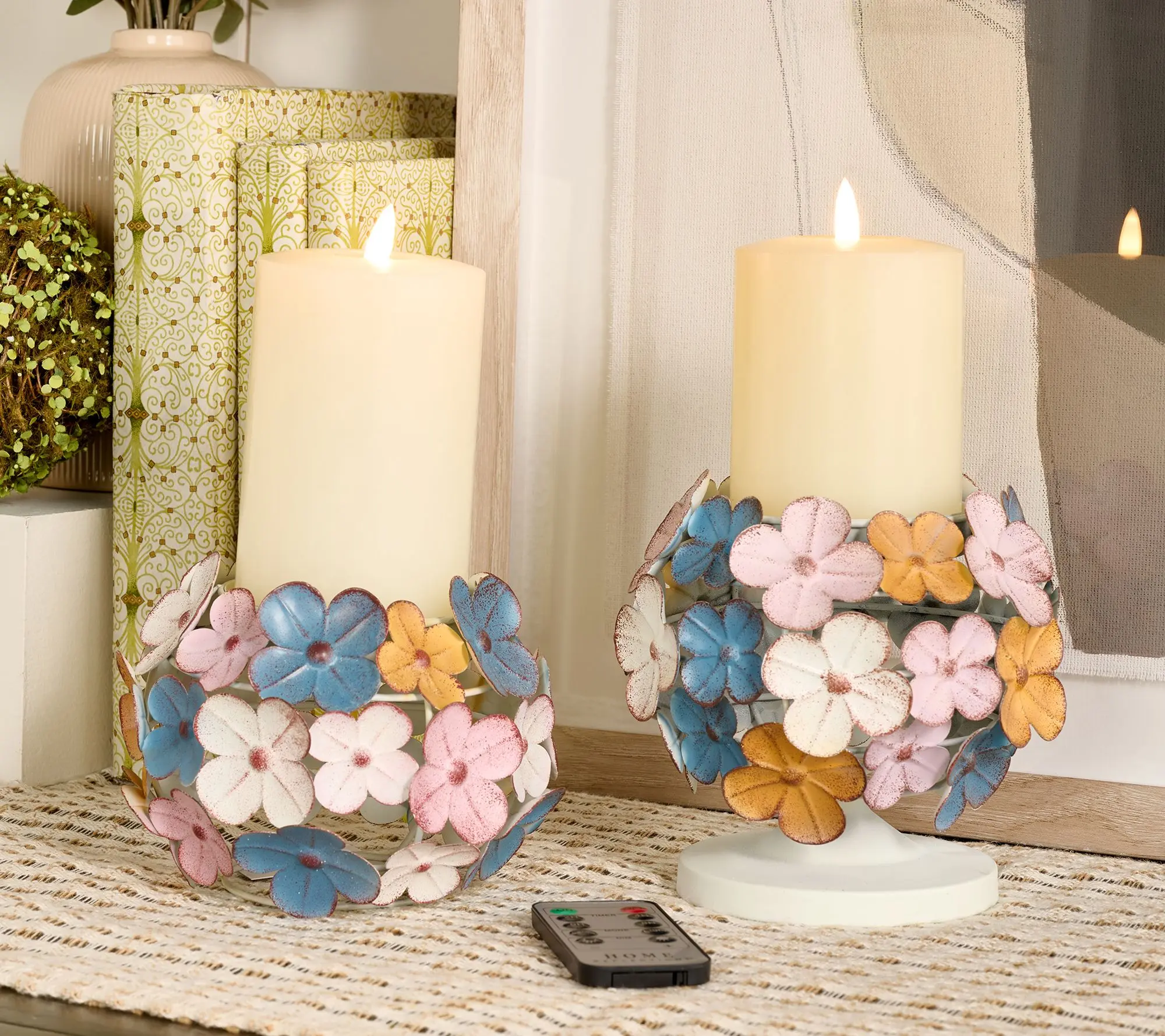 Home Reflections S/2 Metal Hydrangea Pedestals with Flamless Pillar