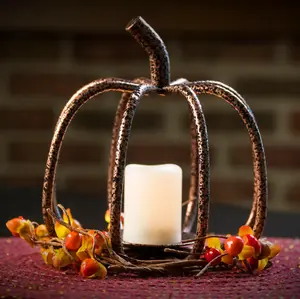 Copper Finished Wrought Iron Pumpkin Tea Light Candle Holder - MADE IN THE USA Farmhouse Decor