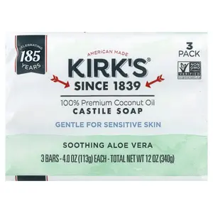 Kirk's 100% Premium Coconut Oil Castile Bar Soap, Soothing Aloe Vera, 3 Bars, 4 oz (113 g) Each
