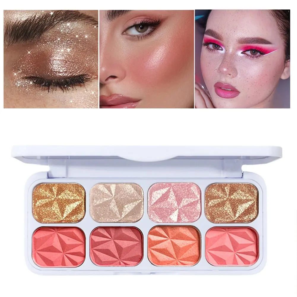8-Piece Facial Cosmetic Palette - Water Resistant Blusher, Smooth Matte Blush, Shimmery Glitter Highlighter, Pigmented Bronzer, Glossy Pink Eyeshadow, Easy-to-Apply Powder for Cheek Brightening, All Skin Types