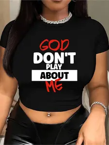 Women's Letter Print Round Neck Crop Tee, Fashion Casual Crew Neck Short Sleeve T-shirt for Daily Holiday Vacation Outdoor Wear, Ladies Clothes for All Seasons