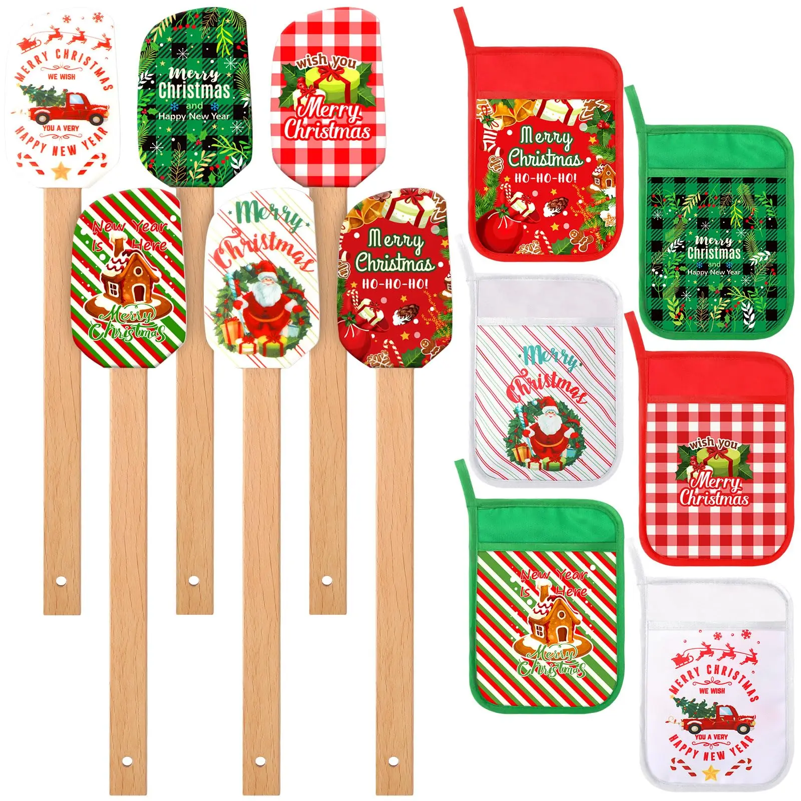 Cotton Pot Holders with Pockets - Heat Resistant Christmas Silicone Spatulas, Rubber Spoon Spatula, Oven Mitts, Insulation Pads - Durable 12/24-Piece Complete Baking Set for Kitchen Cooking, Festive Gifts, Party Supplies, 12-Piece Set