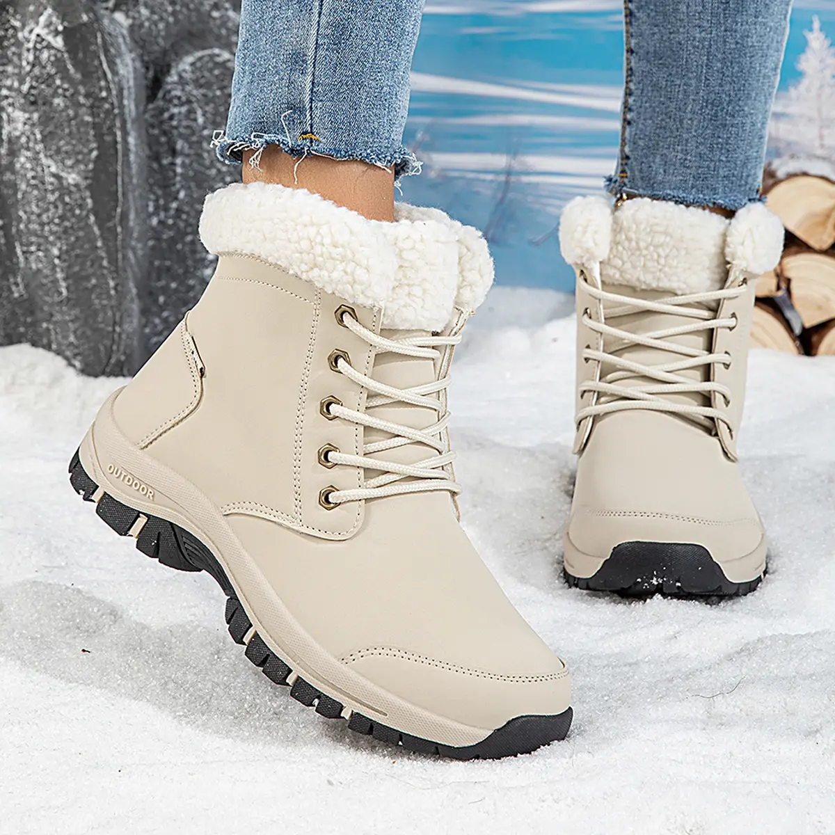 Women's Classic Solid-Color Suede-Upper Footwear, Waterproof Breathable Slip-Resistant PU Leather Round-Toe Rain Boots with Thick Heels, Reinforced Soles, Faux Fur-Lined Coquette Ice Walking Shoes for Girls