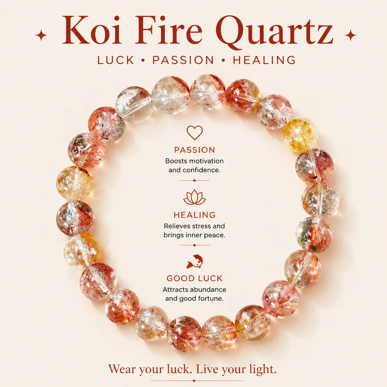 Adjustable Natural Koi Fire Quartz Crystal Bracelet with Quartz Crystals Beads - for Passion, Luck, Protection, Daily Wear, Meditation, Gift for Her/Him