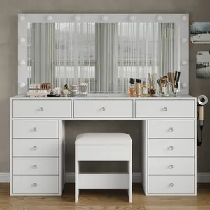 FUSOU [ Valentine's Day ] 55"W 11 Drawers Makeup Vanity with Charging Station, Vanity Desk with 13 LED Bulbs and HD Mirror,  3 Color Brightness Adjustable, Glass Top Vanity Set for Bedroom, White