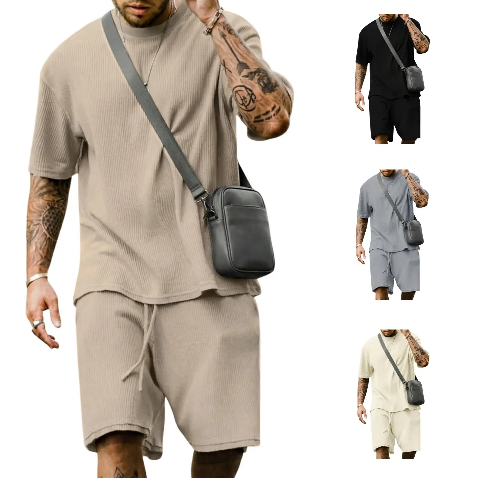Gihuo Men's 2 Piece Outfits Oversized Short Sleeve T Shirt & Shorts Set Summer Casual Tracksuit Vintage Breathable Elastic Loose Loungewear Matching T-Shirt