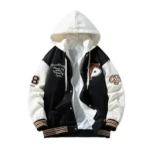 Men's Color Blocking Letters Embroidered Striped Baseball Jacket With Pockets, Casual Zip Up Long Sleeve Hooded Varsity Jacket For Outdoor
