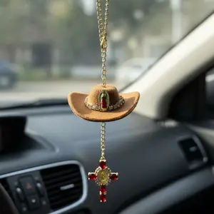 Faith Pendant with Saint Mary and Rhinestone Cowboy Hat, Cross Hanging Ornament, Boujee Car Accessories, Car Rearview Mirror Decor, Car Interior Decoration, Car Trinkets, Car Ornaments, Car Interior Accessory